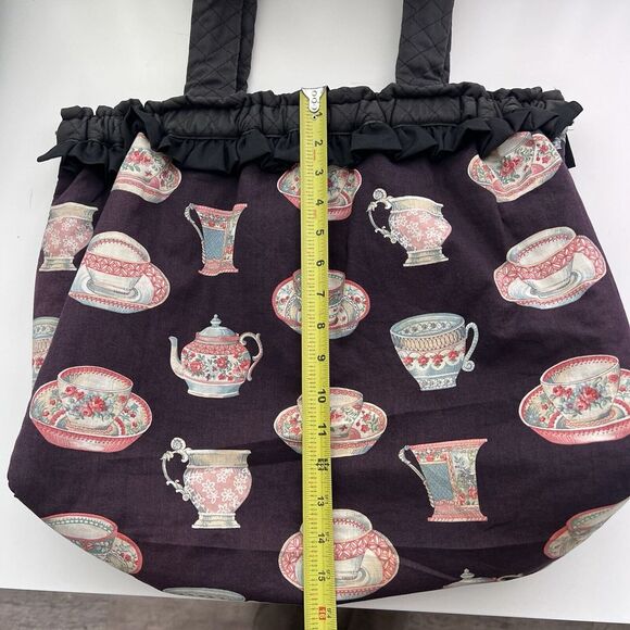 Vintage Ladies Large Black Tote Teacups print Lined Hinged‎ Metal Closure Ruffle - Picture 10 of 11